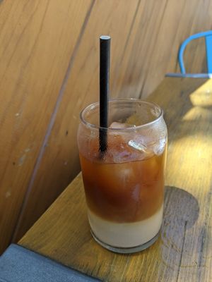 Blanco y negro (iced coffee and vegan horchata) at Nido's Backyard in Oakland
