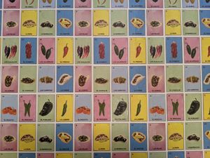 Loteria wallpaper in the bathroom at Nido's Backyard in Oakland