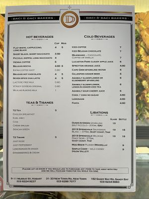 Daci & Daci (New Town) drinks menu (May 2021).  at Daci & Daci Bakers in New Town