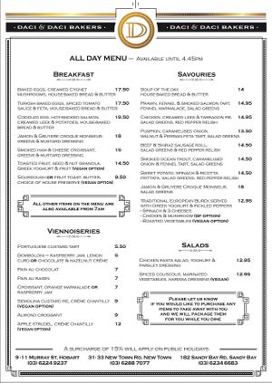 Menu 2024  at Daci & Daci Bakers in New Town