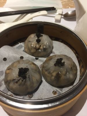 Translucent mushroom dumplings with truffle (yum!) at Vegelink in Hong Kong Island