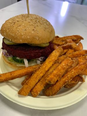Vegan Bounty Beet Burger & Sweet Potato Fries at Gaia's Urban Eatery in Charlottetown