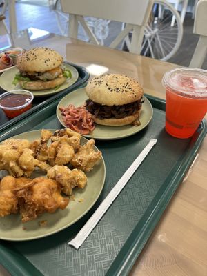 Strawberry lemonade, pulled bbq mushroom sandwich, cauliflower bang bang  at Gaia's Urban Eatery in Charlottetown