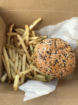 Vegan “big fig” burger, with salt & pepper friesd  at Fig Kitchen & Market in Uxbridge
