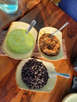 Salsa verde, Roja, and black beans at Agave Mexican Restaurant in Lewes