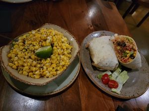 Vegan ginger cilantro garlic corn and vegan veggie burrito at Agave Mexican Restaurant in Lewes