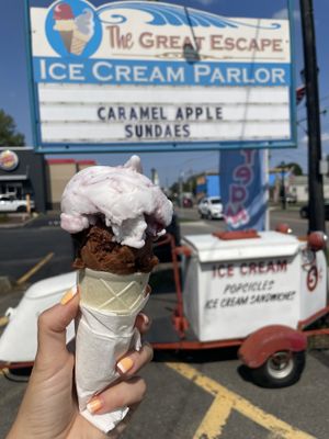 Coconut Lavender Blueberry on top of Chocolate Peanut Butter  at The Great Escape Ice Cream Parlor in Watkins Glen
