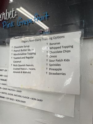 Vegan toppings on their own list  at The Great Escape Ice Cream Parlor in Watkins Glen