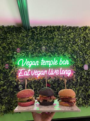 Chicken Burger, Temple Smokey Burger, Classic Burger at Vegan Temple Bar in Amsterdam