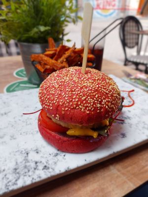 Chicken burger met zoete aardappel frietjes at Vegan Temple Bar in Amsterdam