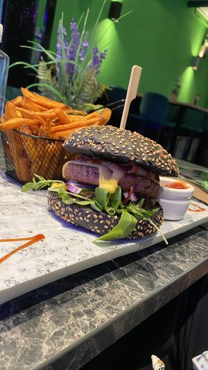 Fire burger at Vegan Temple Bar in Amsterdam