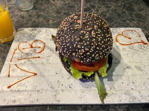 Smokey temple burger (very nice) at Vegan Temple Bar in Amsterdam