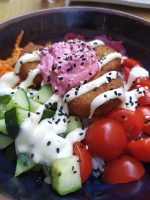 Falafel rainbow bowl at Vegan Temple Bar in Amsterdam