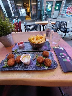 Bitterballen and fries at Vegan Temple Bar in Amsterdam
