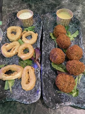 We got two dishes to share - their calamari and bitterballen. You can choose number of pieces to try    at Vegan Temple Bar in Amsterdam