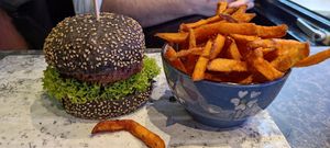 Temple burger with sweet potato fries at Vegan Temple Bar in Amsterdam