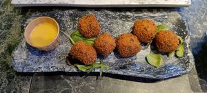 Bitterballen with a honey mustard sauce at Vegan Temple Bar in Amsterdam