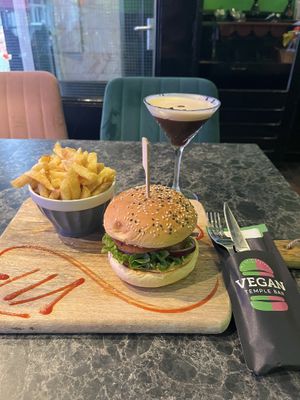 “Chicken” burger with fries   at Vegan Temple Bar in Amsterdam