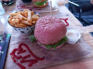 Avocado Burger with fries at Vegan Temple Bar in Amsterdam