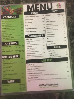 Drinks menu  at Vegan Temple Bar in Amsterdam