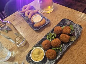 Battered shrimp and a Dutch snack (battered stew) at Vegan Temple Bar in Amsterdam