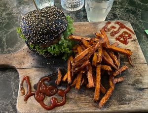 Truffel burger with sweet potato fries   at Vegan Temple Bar in Amsterdam