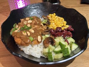 Chicken bowl with peanut sauce   at Vegan Temple Bar in Amsterdam