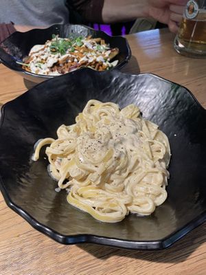 Pasta carbonara  at Vegan Temple Bar in Amsterdam