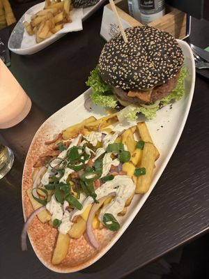 Smoky temple burger & “bacon” fries.   at Vegan Temple Bar in Amsterdam