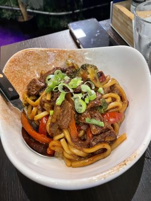 Teriyaki beef noodles   at Vegan Temple Bar in Amsterdam