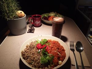 Stew with cold quinoa and avocado superfood salad. Glühwein and hot chocolate at Kaspar Schmauser in Nuremberg