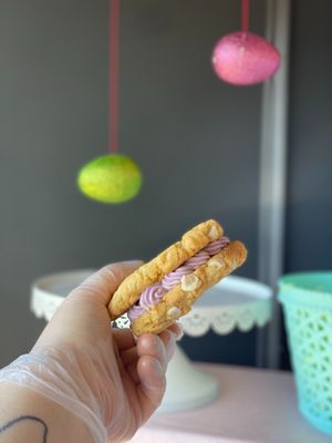 White Chocolate Rasberry Ube cookie sando  at The Indignant Platypus in Louisville