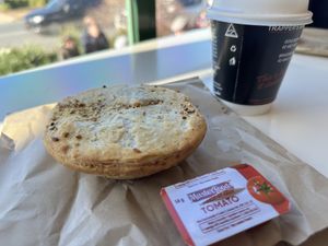 Veggie pie and coffee  at Trappers Bakery in Goulburn