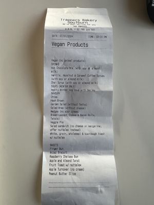 They print out their vegan options if you ask    at Trappers Bakery in Goulburn