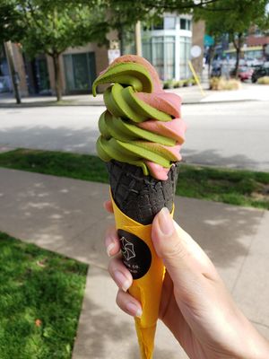 Matcha raspberry soft serve at Whisk Matcha Cafe in Vancouver