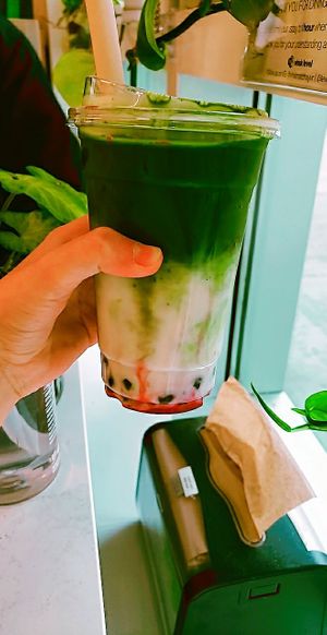 strawberry matcha bubble tea at Whisk Matcha Cafe in Vancouver