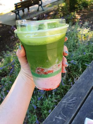 Strawberry iced match at Whisk Matcha Cafe in Vancouver