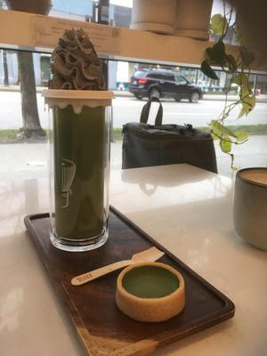 White chocolate oat matcha with matcha tart at Whisk Matcha Cafe in Vancouver
