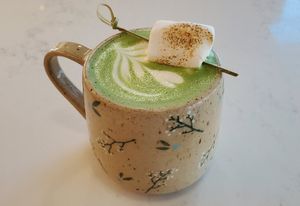 Toasted vegan marshmallow matcha latte with oat milk at Whisk Matcha Cafe in Vancouver