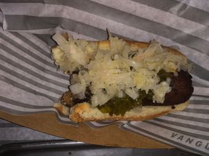 Vegan brat, customized (missing a bite, sorry!) at The Vanguard in Milwaukee