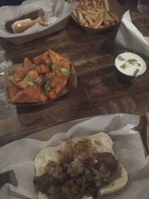Italian sausage; brat, fries, loaded fries and deep-fried buffalo tofu with extra ranch at The Vanguard in Milwaukee
