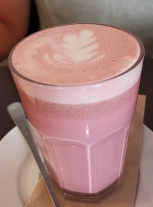 Pink Superfood Latte vegan (pea based) at Kaffeehaus in Luebeck