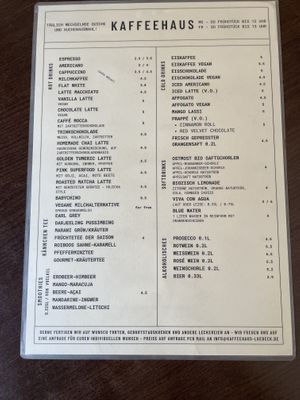 Menu drinks  at Kaffeehaus in Luebeck
