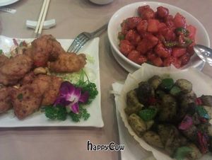 Left: Deep-Fried Bean Curd with cashew nuts; Lower right: Fried Potato with mushroom; Upper right: Deep-fried spareribs with pineapple sweet and sour at Lotus Veggie - Fuk Lo Tsun Rd in Kowloon