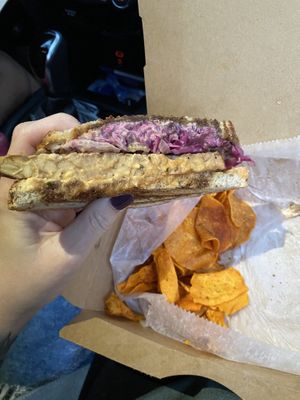 Tempeh Reuben, sweet potato chips  at Laughing Seed Cafe in Asheville