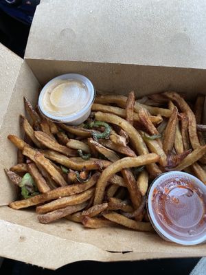 Jalepeño fries w/ chipotle ranch- must get the ranch!!!  at Laughing Seed Cafe in Asheville
