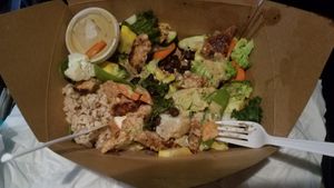 Rice bowl with tempura at Laughing Seed Cafe in Asheville