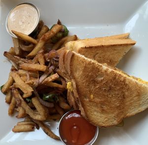 Grilled Pimento Cheese and Jalapeño Onion Fries  at Laughing Seed Cafe in Asheville