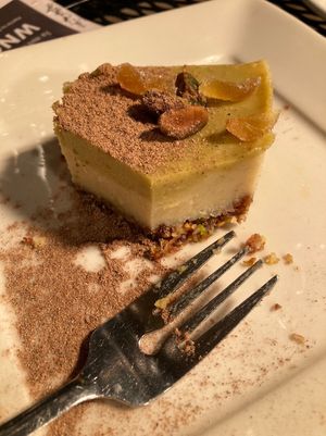 Pistachio-cardamom cheesecake  at Laughing Seed Cafe in Asheville