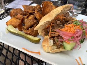 Vegan bahn mi with sweet potato chips  at Laughing Seed Cafe in Asheville